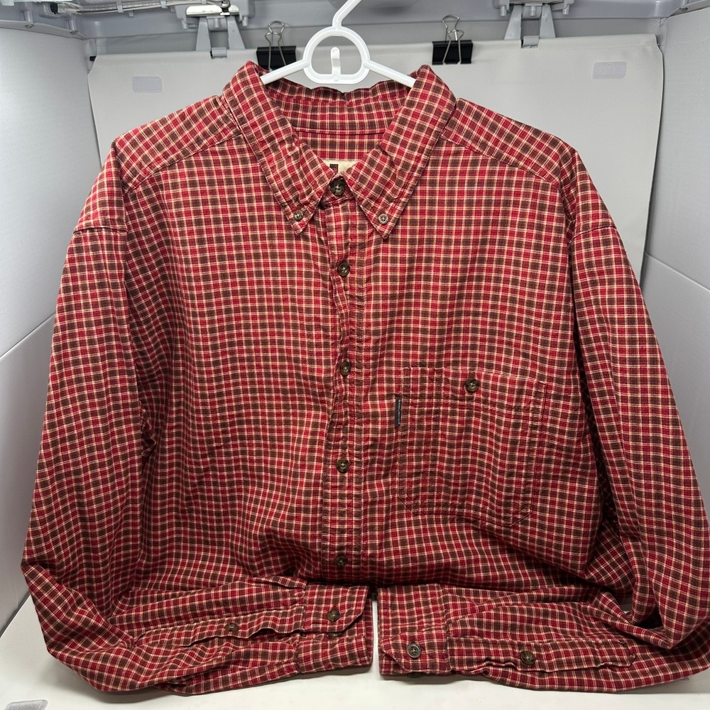 Woolrich Button Down Shirt Men XL Long Red Plaid 6261 Long Sleeve Cotton